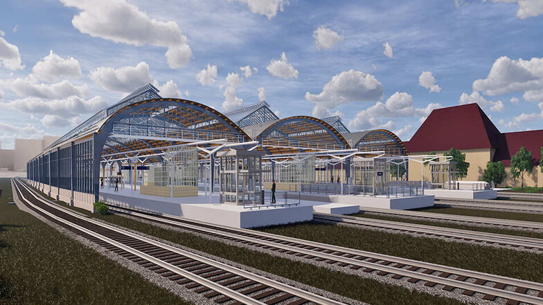 So soll die Görlitzer Bahnsteighalle nach ihrer Sanierung aussehen. Im Frühling 2023 soll es so weit sein. © Bild: ZPP/DB S&S AG