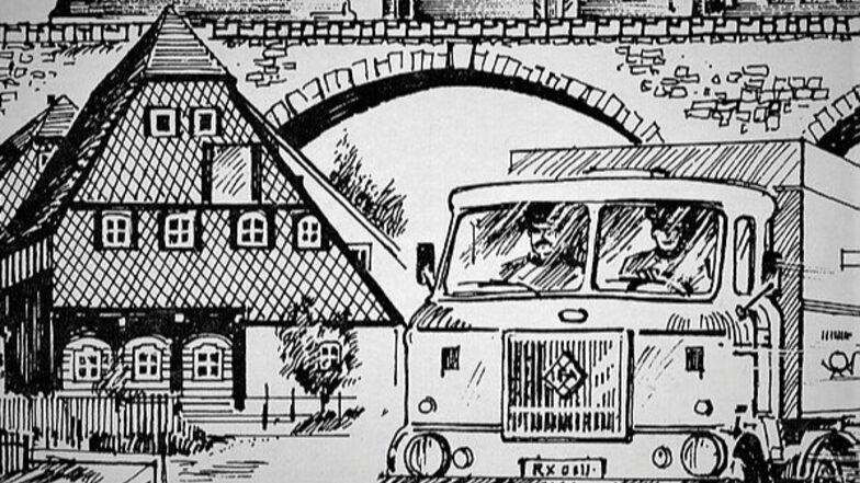So symbolisierte Gottfried Herrmann aus Dresden den DDR-Postalltag in Obercunnersdorf. Unter dem Viadukt, auf dem ein Doppelstockzug (mit Postwagen hinter der Lok) verkehrt, fährt ein W 50-Kastenwagen zum Postamt, um Sendungen abzuholen.