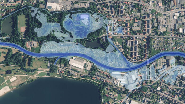 Der Westpark in Zittau: Die Kleingärten und Teile des Westpark-Centers wären bei einem HQ100 überschwemmt.
