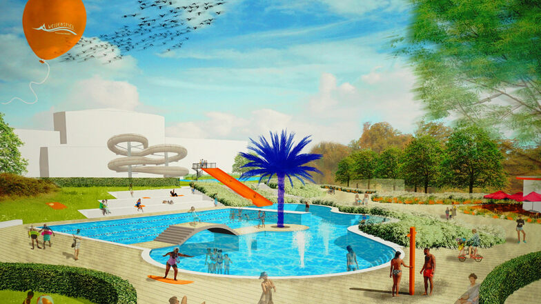 Ansicht aus dem Siegerentwurf für die Gestaltung des künftigen Freibades Bohnitzsch. Allerdings soll das Schwimmbecken doppelt so groß, wie hier dargestellt, werden. Das wünscht sich die Projektgruppe zum Bad.