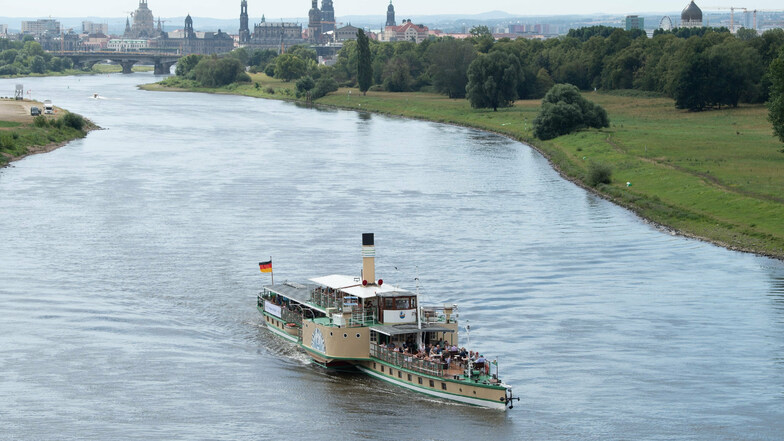 Der historische Schaufelraddampfer "Stadt Wehlen" fährt auf der Elbe vor der Kulisse der Altstadt.