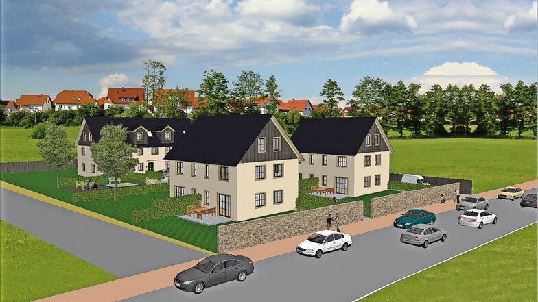 So sind die neuen Wohnhäuser an der Meißner Straße in Zitzschewig geplant. Der Investor, die Radebeuler Wohnbau, möchte im nächsten Jahr mit dem Bau beginnen. Kleines Foto: Blick von Osten auf die Wohnanlage.