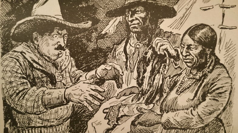 So hat ein Zeichner sich den Handel mit Skalpen in den USA vor über 100 Jahren vorgestellt.