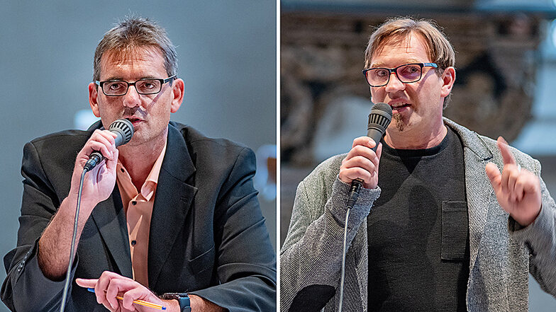 Rüdiger Schulze (links) und Carsten Graf sind die verbliebenen Kandidaten für die Bürgermeisterwahl in Leisnig.