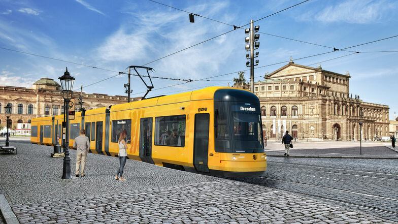 Die Sophienstraße mit der neuen Straßenbahn - eine Visualisierung. Denn erst Ende des Jahres soll die erste neue Bahn Dresden erreichen. Vor der Semperoper sind die Schienen inzwischen bereit für die neue "Flexity".