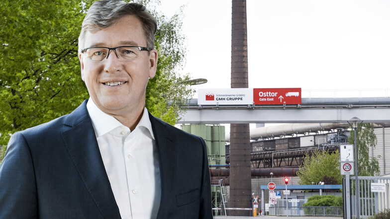 Der neue Mann an der Spitze der Gröditzer Schmiedewerke: Dr. Jens Overrath ist jetzt Vorsitzender der Geschäftsführung. Die Fotomontage zeigt im Hintergrund das Osttor des Gröditzer Werksgeländes an der Mischnikstraße.