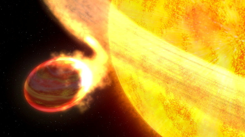Die Illustration zeigt den Exoplaneten WASP-12b. Er ist der heißeste bekannte Planet in der Milchstraßengalaxie und möglicherweise der am kürzesten lebende. Der Planet ist nur zwei Millionen Meilen von seinem sonnenähnlichen Mutterstern entfernt und wird 