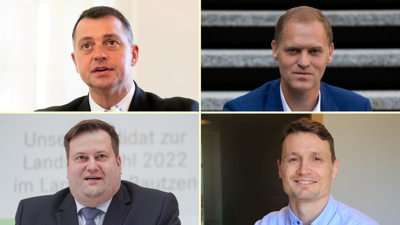 Diese vier Männer wollen Amtsinhaber Michael Harig als Landrat beerben: Udo Witschas (CDU, o.l.), Frank Peschel (AfD, o.r.), Alex Theile (parteilos, für Linke, SPD und Grüne, u.l.) sowie Tobias Jantsch (parteiloser Einzelkandidat, u.r.).