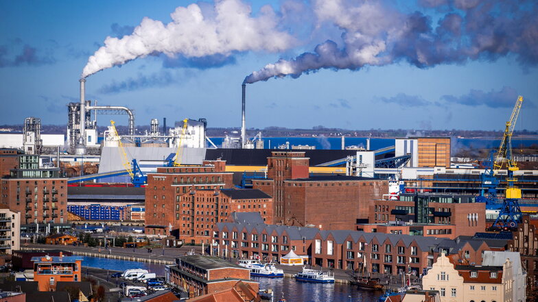 Rauch steigt aus Schornsteinen von holzverarbeitenden Industriebetrieben am Seehafen Wismar auf.