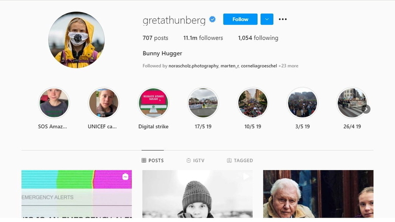 Auf Thunbergs Instagram-Kanal steht nun der Begriff "Bunny Hugger" - eine Parodie des Zitats von Boris Johnson auf dem Online-Klimagipfel.