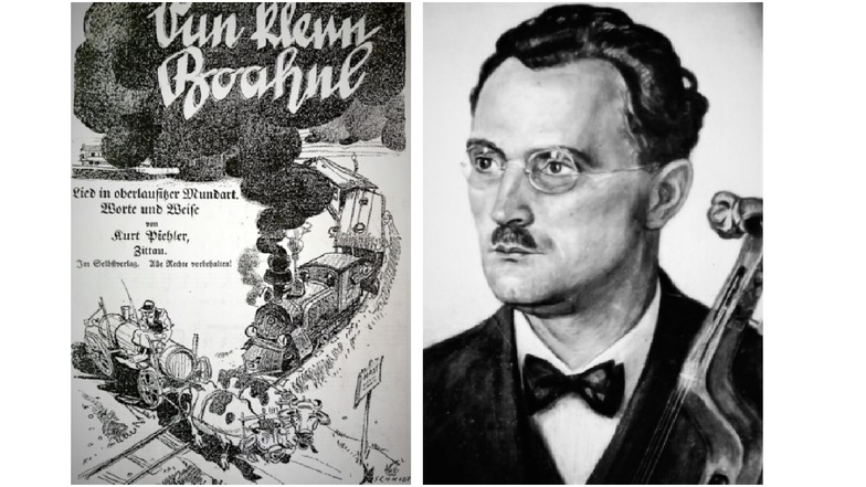Kurt Piehler (1893–1958), porträtiert 1935 von Alfred Bernert, Herrnhut (rechts), und das illustrierte Titelblatt für Kurt Piehlers Lied „Vun klenn Boahnl“. Die Zeichnung schuf der Zittauer Maler und Grafiker K. W. Schmidt.