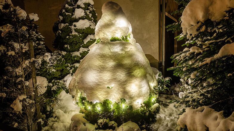 Gewiss auch ohne Schnee sieht das leuchtende Weihnachtsbäumchen in Groß Neida schön aus. Doch unter der Schneeschicht erzeugen die LED-Lichter einen Anblick, den man sich nicht kaufen kann.