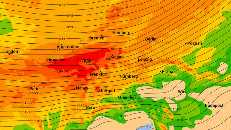 Die Karte zeigt in Rot, wo am Sonntagabend Sturmböen von mehr als 100 Stundenkilometern drohen.