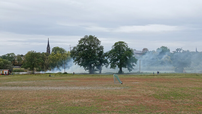 Am Johannstädter Elbufer in Dresden ist am Samstagnachmittag die Wiese in Brand geraten.
