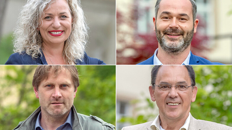 Die Namen von Nicole Büttner, Franco Lehmann, Ruben Grimme und Hubert Paßehr (von oben links) werden auch am 3. Juli auf den Stimmzetteln zur Bürgermeisterwahl in Roßwein stehen. Bei den übrigen drei Kandidaten ist dies ungewiss.