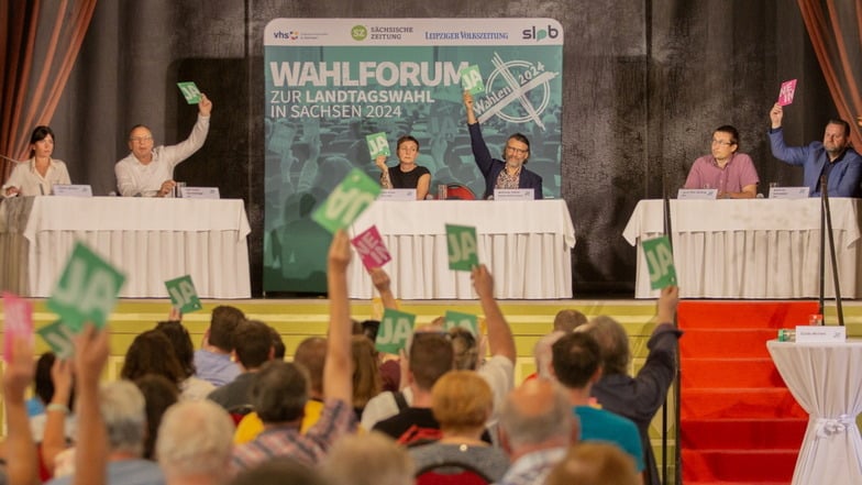 Sie hatten beim Wahlforum in Kamenz auf dem Podium Platz genommen (v.l.): Elaine Jentsch (CDU), Ralf-Peter Hechtberger (AfD), Ines Enns (Die Linke), Matthias Höhle (Bündnis 90/Die Grünen), Jurij Petr Bulang (SPD) und Matthias Schniebel (FDP).