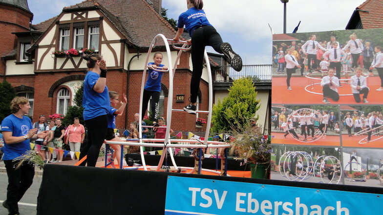 Sportlich auf dem hohen Wagen: Junge Turnerinnen vom TSV Ebersbach zeigen beim Bierzug ihr Können.