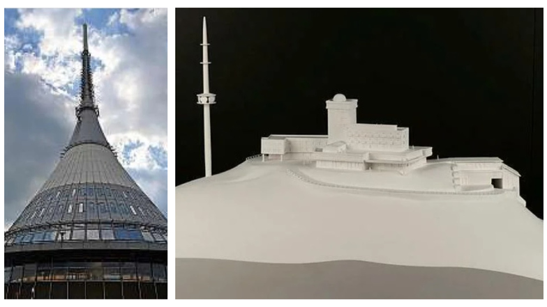 Links ist der futuristische Turm zu sehen, der auf dem Jeschken steht. Zur Bauzeit war er umstritten. Rechts ein Modell, das zeigt, wie der Jeschken auch hätte bebaut werden können.