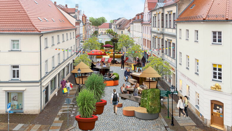 So soll der obere Frauenmarkt in Großenhain vom 24. Juni bis 4. September aussehen - verkehrsberuhigt und als eine grüne Oase mitten in der Stadt.