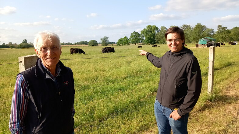 Die Galloway-Herde im Hintergrund ist der ganze Stolz von Siegmund und Ronny Hubrich. Vater und Sohn betreiben eine Landwirtschaft bei Schweinfurth.