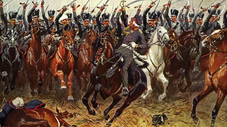 Eine sächsische Kavallerie-Einheit geht während der Leipziger Völkerschlacht zum Angriff über.