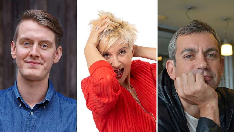 Sie kommen in diesem Jahr zum Kabarett-Festival nach Cunewalde: Stand-Up-Comedian Jonas Greiner, Tatjana Meissner und Schriftsteller Wladimir Kaminer (v.l.).