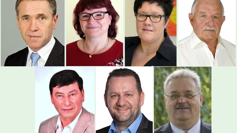 Aloysius Mikwauschk (CDU), Marion Junge (Linke), Kathrin Michel (SPD), Christian F. Schultze (AfD, oben, v. l.), Gerd Kirchhübel (Grüne), Matthias Schniebel (FDP) und Günter Hutschalik (Freie Wähler, unten, v. l.)