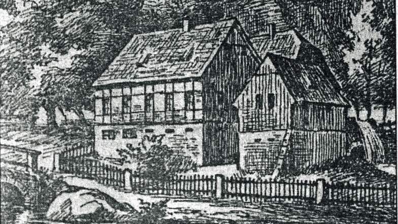Die Rabenauer Mühle um 1800 nach einer Zeichnung von Paul Weisenfels. 1834 ließ Müller Christian Friedrich Ehrlich den Wanderweg durch den Grund anlegen.