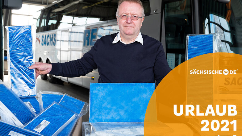 Für saubere Luft im Bus: Heiko Hammer, Geschäftsführer des Reisedienstes Sachsen-Express in Freital, stattet seine Busse mit Hochleistungspartikelfiltern aus. Die sollen mit ihrer antiviralen Funktionsschicht auch feine Aerosole herausfiltern.