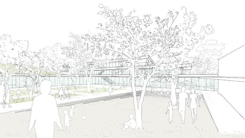 Ein Blick vom Innenhof auf den Grundschulneubau - so soll Kreischas Campus in Zukunft aussehen.