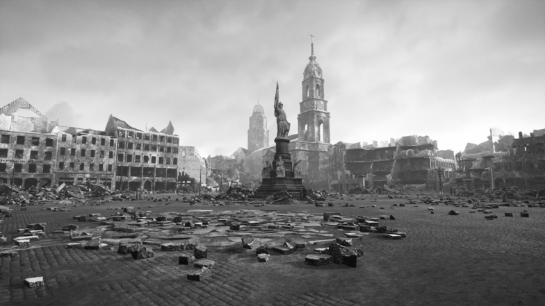 Die Deutschland-Zeitreise führt auch über den in der Bombennacht 1945 zerstörten Altmarkt. Das Germania-Denkmal in der Mitte des Platzes war kaum beschädigt, wurde aber Ende der 1940er-Jahre beseitigt.