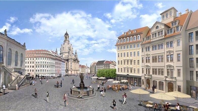 Mit dem Baustart auf einer der letzten freien Flächen verändert der Platz um die Frauenkirche in Dresden sein Gesicht. Das Unternehmen USD („Unser Schönes Dresden“) plant auf dem Neumarkt neun klassische Stadthäuser, die zum Teil originalgetreu rekonstruiert werden sollen.