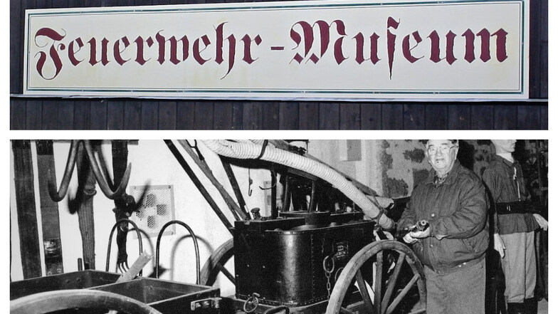 Im Feuerwehrmuseum Niedercunnersdorf. Der langjährige Lehrer Helmut Albert (Jahrgang 1921) gehörte zu den ersten Betreuern. Hier präsentierte er 1994 eine Handspritze aus dem 19. Jahrhundert.