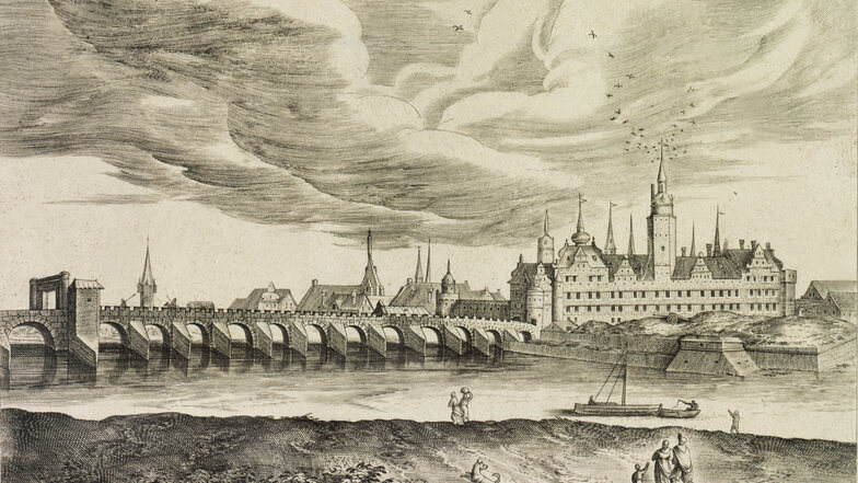 Die alte Dresdner Brücke war im Mittelalter die längste nördlich der Alpen. Der Kupferstich von Mitte des 16. Jahrhunderts zeigt sie.