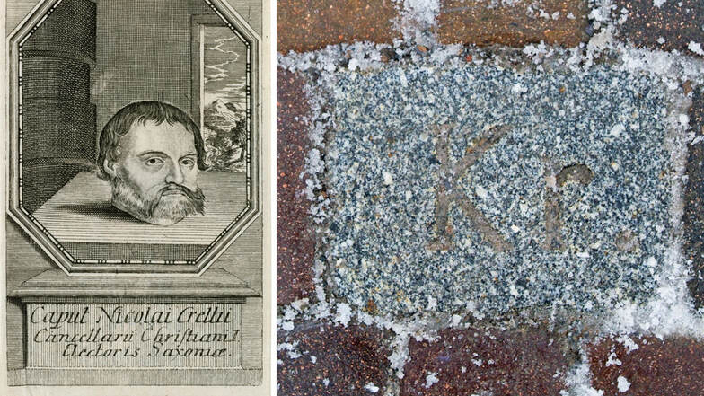 Das Bildnis des abgeschlagenen Kopfes des Kanzlers Nikolaus Krell von einem unbekannten Künstler. Rechts ist der „Krell-Stein“ im Pflaster vor dem Johanneum zu sehen.