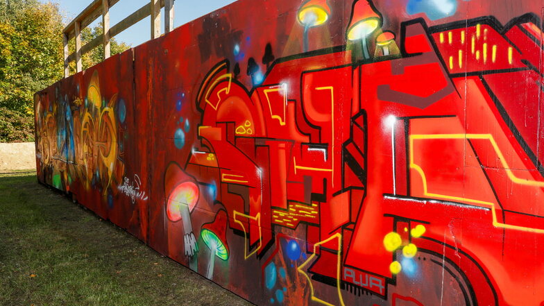 Gewollt ist diese schöne Gestaltung der Seiten- und Rückwände der Elemente im Skatepark. Jugendliche Graffiti-Sprayer hatten hier freie Hand für ihre Kunstwerke.