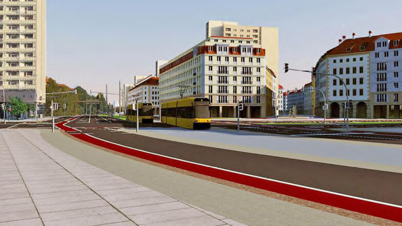 So könnte eine schmalere Grunaer Straße aussehen, parallel dazu (rechts im Bild), soll die die Pirnaische Straße wieder entstehen.