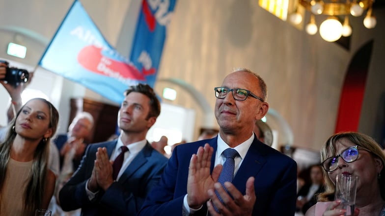 Jörg Urban (AfD), Vorsitzender der AfD in Sachsen und Spitzenkandidat, am Sonntag auf der Wahlparty seiner Partei in Dresden.