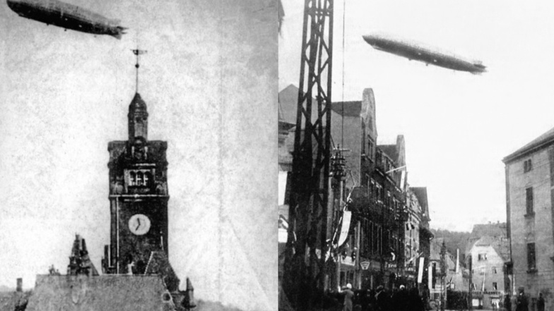 Ein denkwürdiger Augenblick. Von Dresden kommend, taucht am Vormittag des 3. Oktober 1928 das weltgrößte Luftschiff am Himmel über Freital auf (l.) 1933 bekommt Freital noch einmal Zeppelin-Besuch. Unsere Aufnahme: das Luftschiff über der Dresdner Straße