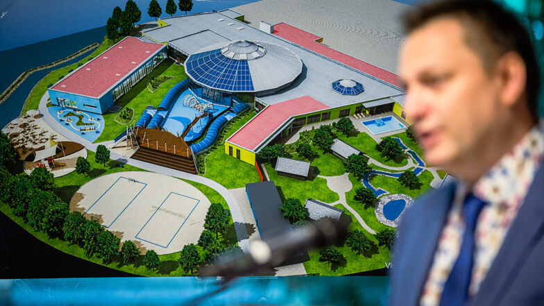 Die Visualisierung der Erweiterungspläne für das Lausitzbad zeigt attraktive Außenanlagen und links den Schwimmhallen-Neubau.