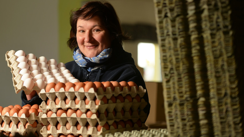 Mit dem Osterhasen im Bunde: Antje Gnaucks Geflügelhof in Ebenheit bei Struppen wirft täglich rund 7 000 Eier ab. Entgegen dem allgemeinen Trend zum braunen Ei kaufen die Kunden zu Ostern fast nur weiße.