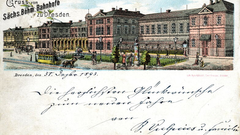 Eine Pferdestraßenbahn der Tramways Company of Germany Ltd. fährt durch Dresden. Die Gesellschaft betrieb zwischen 1879 und 1894 mehrere Linien in der Stadt.