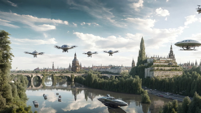 Die Kombination aus Natur und Mobilität zeigt, wie sich die Natur die Stadt zurückholt. Die Mobilität wird durch futuristische Flugzeuge und Helikopter in das Bild gebracht.