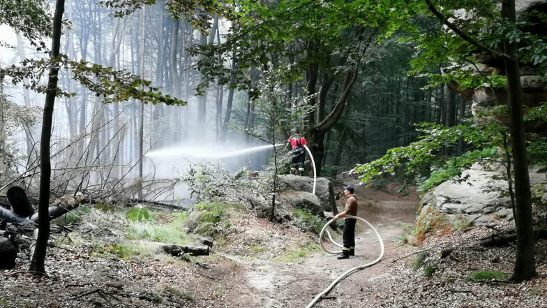 Die Feuerwehrleute des Löschzuges Wasserversorgung aus dem Landkreis Mittelsachsen werden beim Waldbrand in der Sächsischen Schweiz vor neue Herausforderungen gestellt.