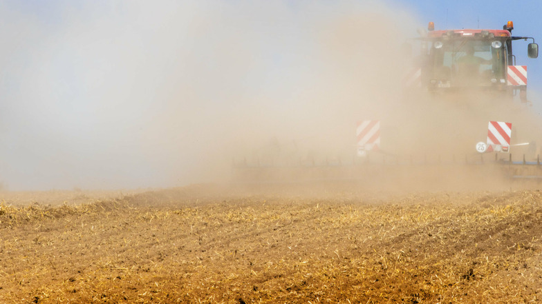 Ein Traktor zieht eine Egge über ein abgeerntetes Feld und wirbelt eine große Staubwolke auf. Hitze und Trockenheit stellen die Landwirte im Kreis auf eine harte Probe.
