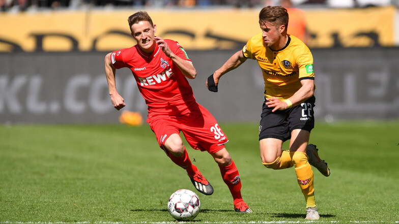Einen seiner Kurzeinsätze für den 1. FC Köln hatte Niklas Hauptmann im April 2019 beim 0:3 gegen Dynamo mit Patrick Möschl (r.) in Dresden.