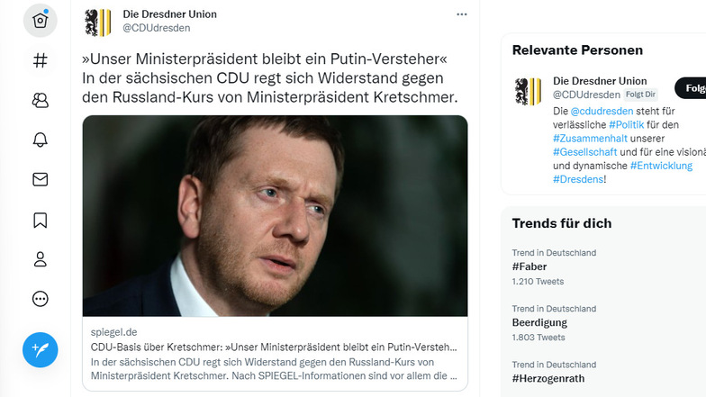 In einem inzwischen gelöschten Tweet gibt der offizielle Twitter-Account der CDU Dresden ein Zitat eines ihrer Mitglieder wieder: "Unser Ministerpräsident bleibt ein Putin-Versteher."