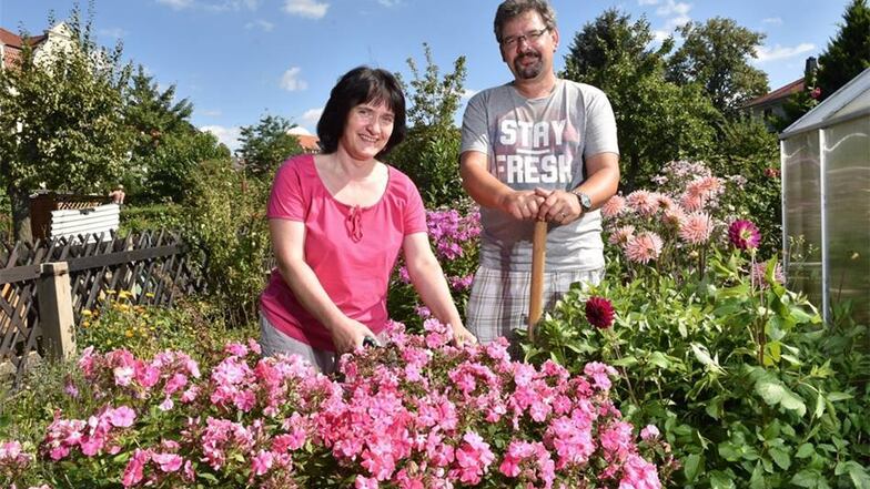 „Jeder Tag im Garten ist wie ein Tag im Urlaub.“ Elke und Enrico Gebert stehen in der Blütenpracht ihres Kleingartens in der Dippser „Gartengemeinschaft Kirchfeld“.