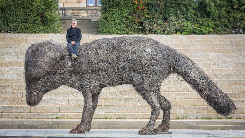 Künstler František Skála sitzt im Spemteber kurz nach seiner Errichtung auf seinem drei Meter großen "Hund" am Dresdner Königsufer.