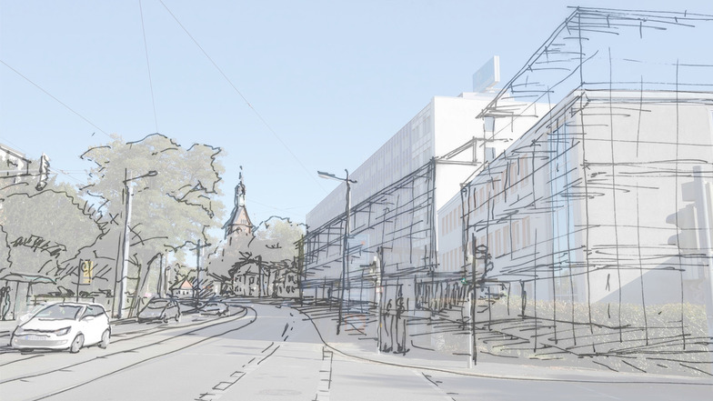 Blick von er Meißner Straße: Die Zeichnungen zeigen, wie der Wasapark zukünftig aussehen könnte. Das große blaue Gebäude soll deutlich kleiner werden. An der Ecke zur Wasastraße ist ein Neubau geplant.